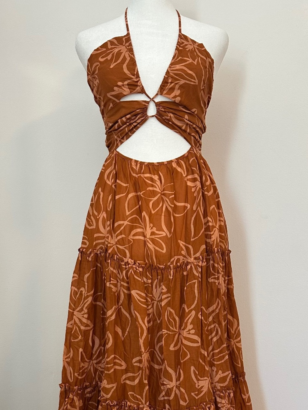 100% Cotton Bec + Bridge Orange Tie Neck Pattern Dress